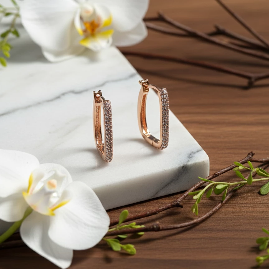 Rose Gold U formalı Daşlı Halqa Sırğalar
