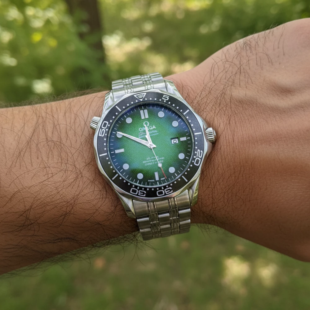 mega Seamaster Style Yaşıl siferblatlı Polad Qol Saatı